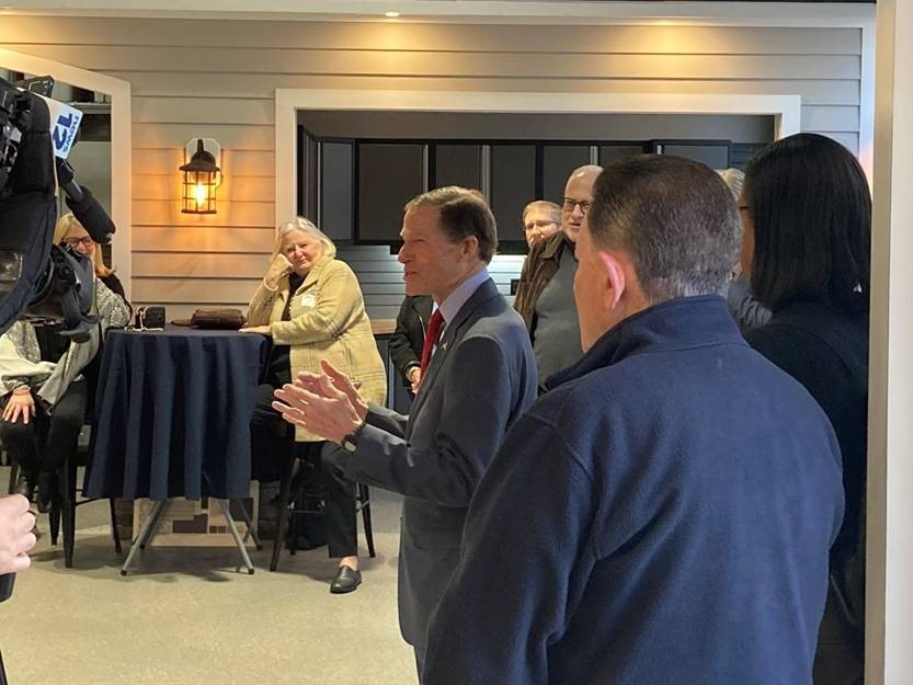 Blumenthal joined the Greater Norwalk Chamber’s business breakfast at Ed’s Garage Doors/Garage Living, a business founded in 1972 that has served thousands of customers in Fairfield County with their garage door installations and repairs.